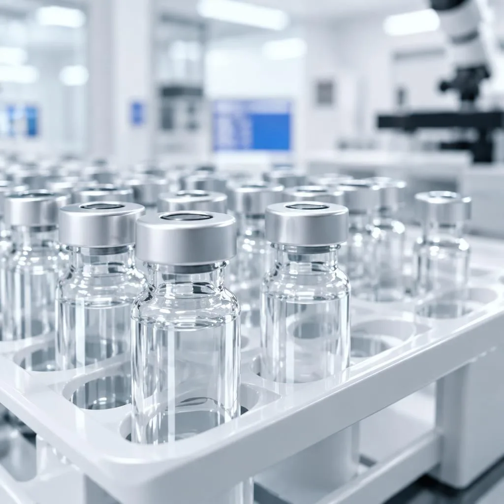 Frasco em bancada de laboratório com equipamento de análise