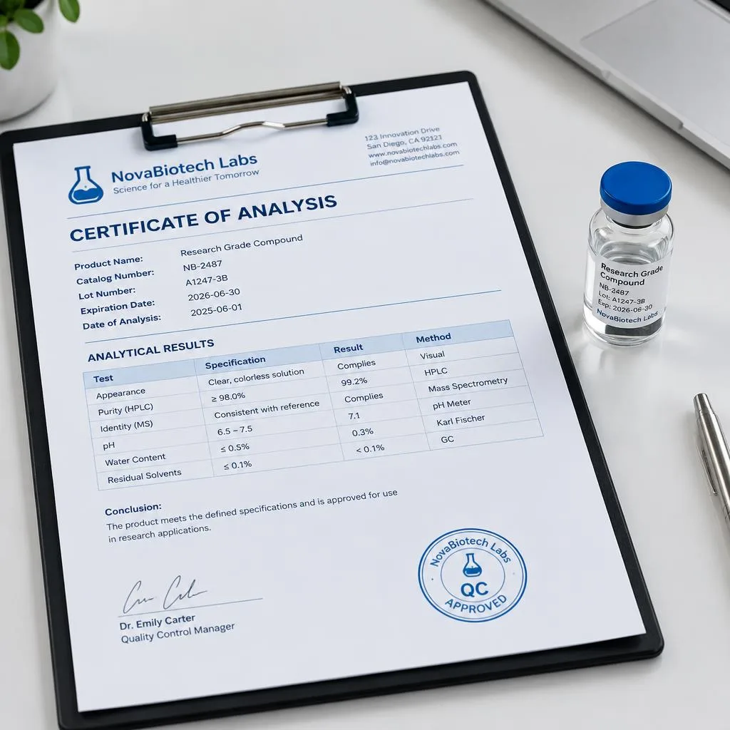 Certificado de análise e frasco identificável em bancada técnica